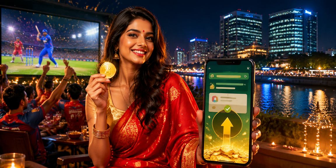 Indian woman enjoying cricket betting on mobile with l15 app